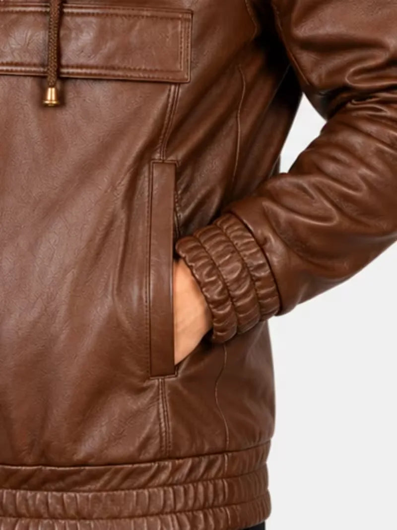 Men's black sheepskin leather hooded jacket, collar detail