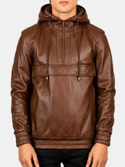 Men's black sheepskin leather hooded jacket, zip and closure detail