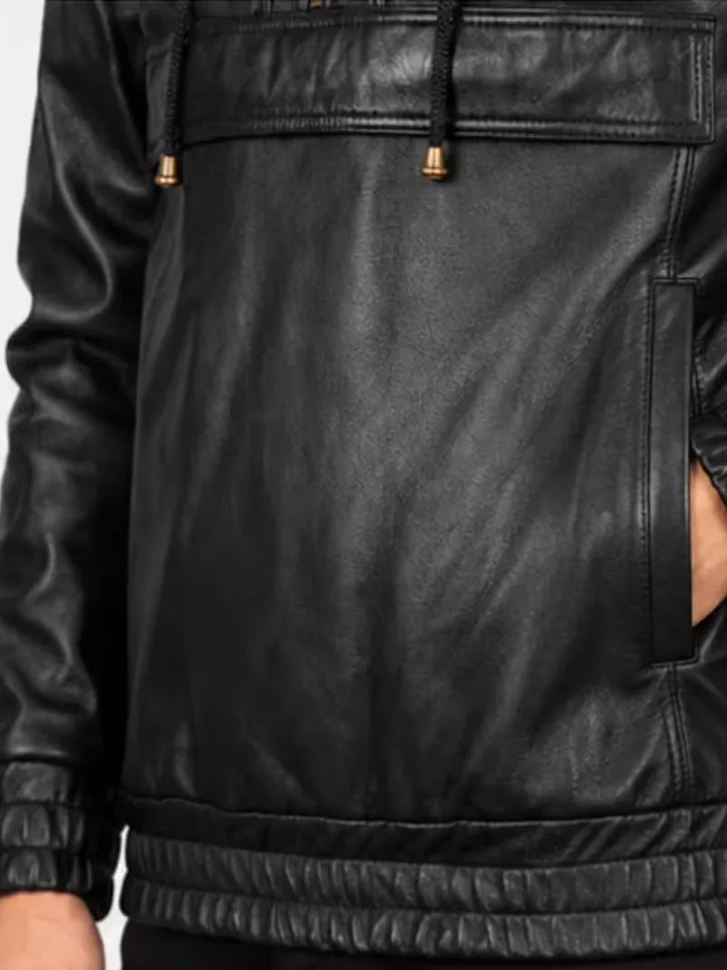 Men's black sheepskin leather hooded jacket, cuff detail