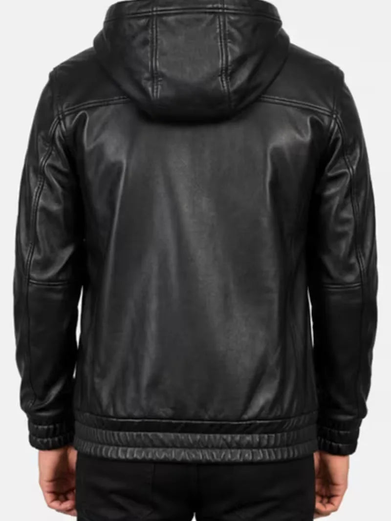 Men's black sheepskin leather hooded jacket, pocket detail