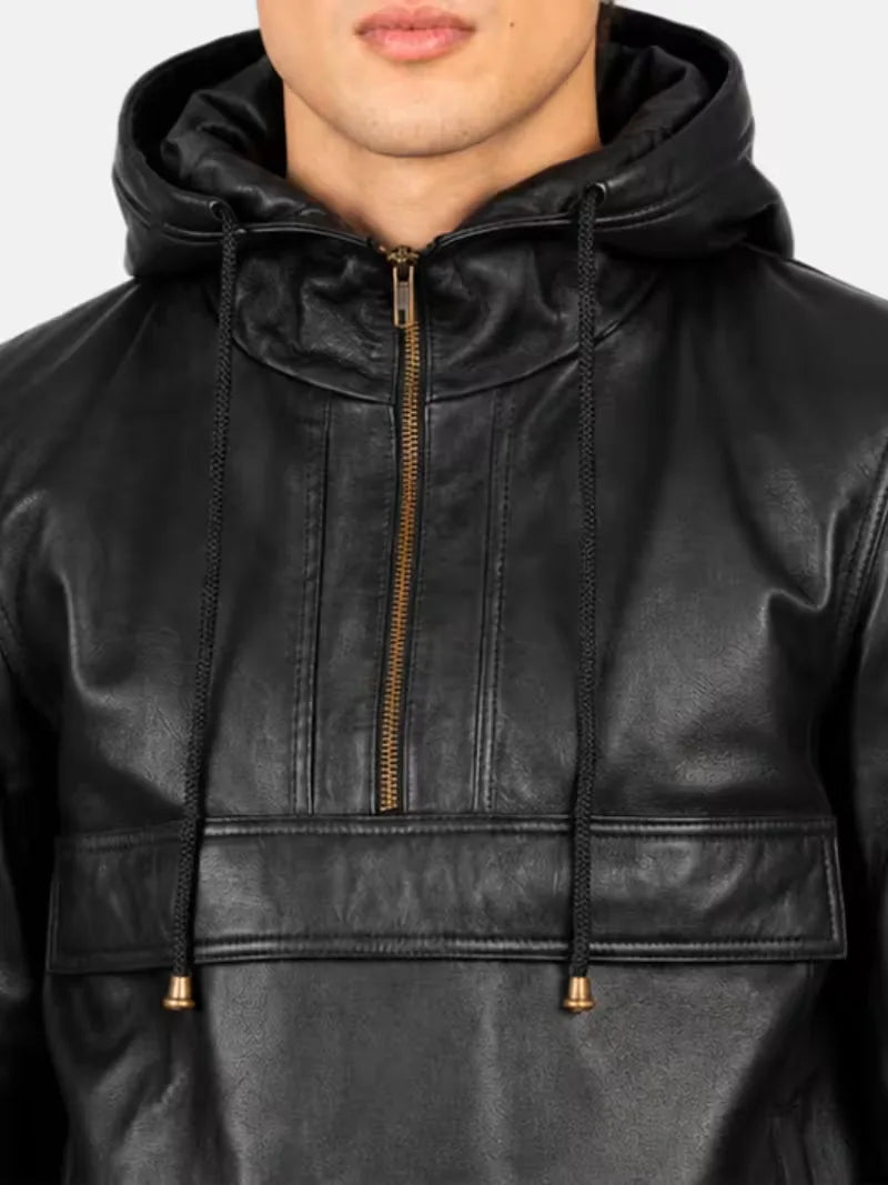 Men's black sheepskin leather hooded jacket, lining detail