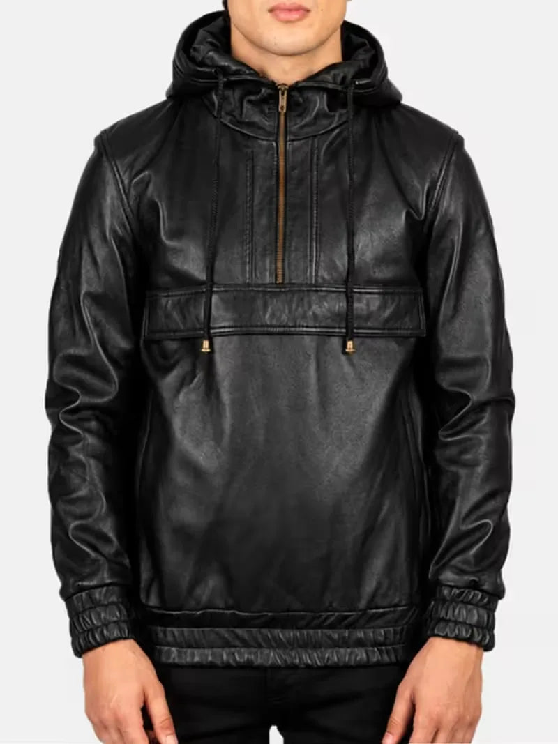 Men's black sheepskin leather hooded jacket, full length
