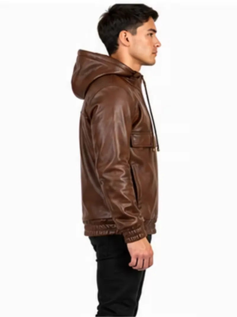 Men's black sheepskin leather hooded jacket, worn on model