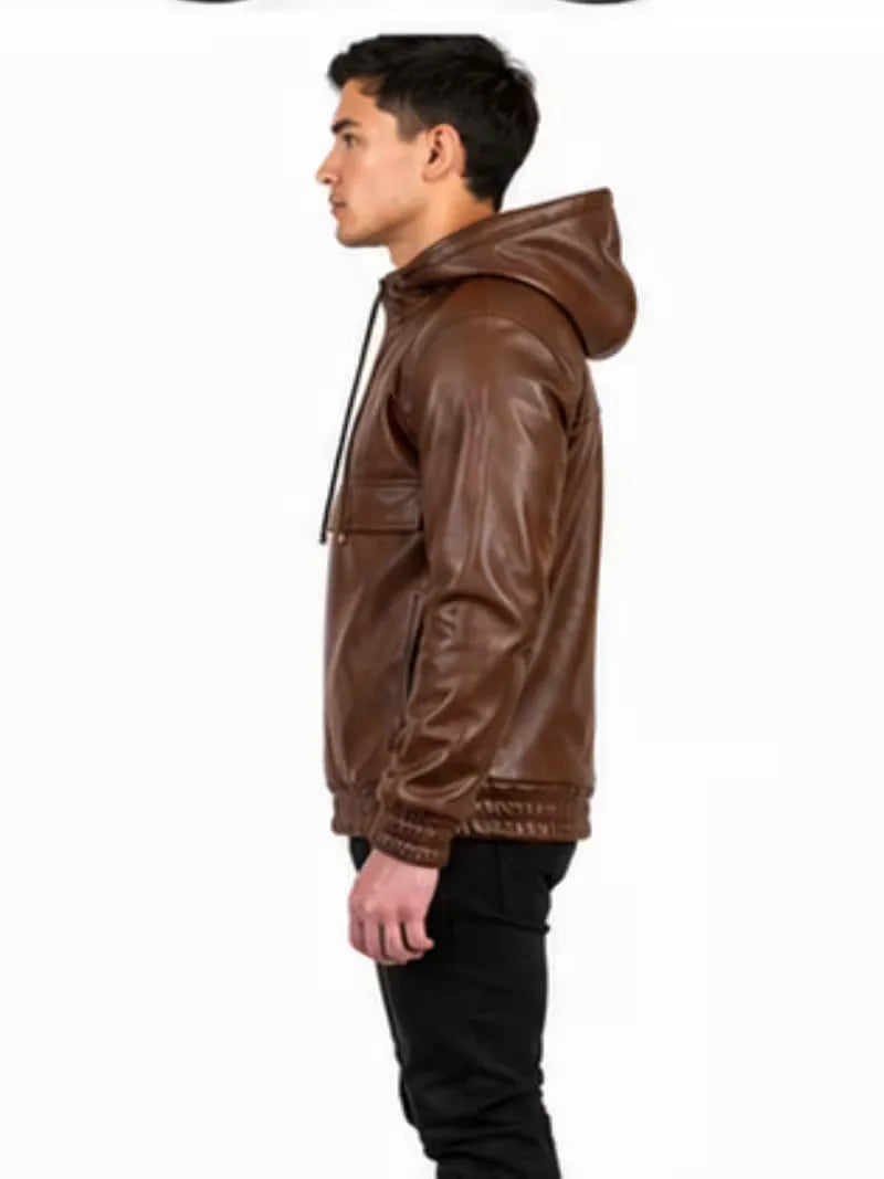 Men's black sheepskin leather hooded jacket, front view