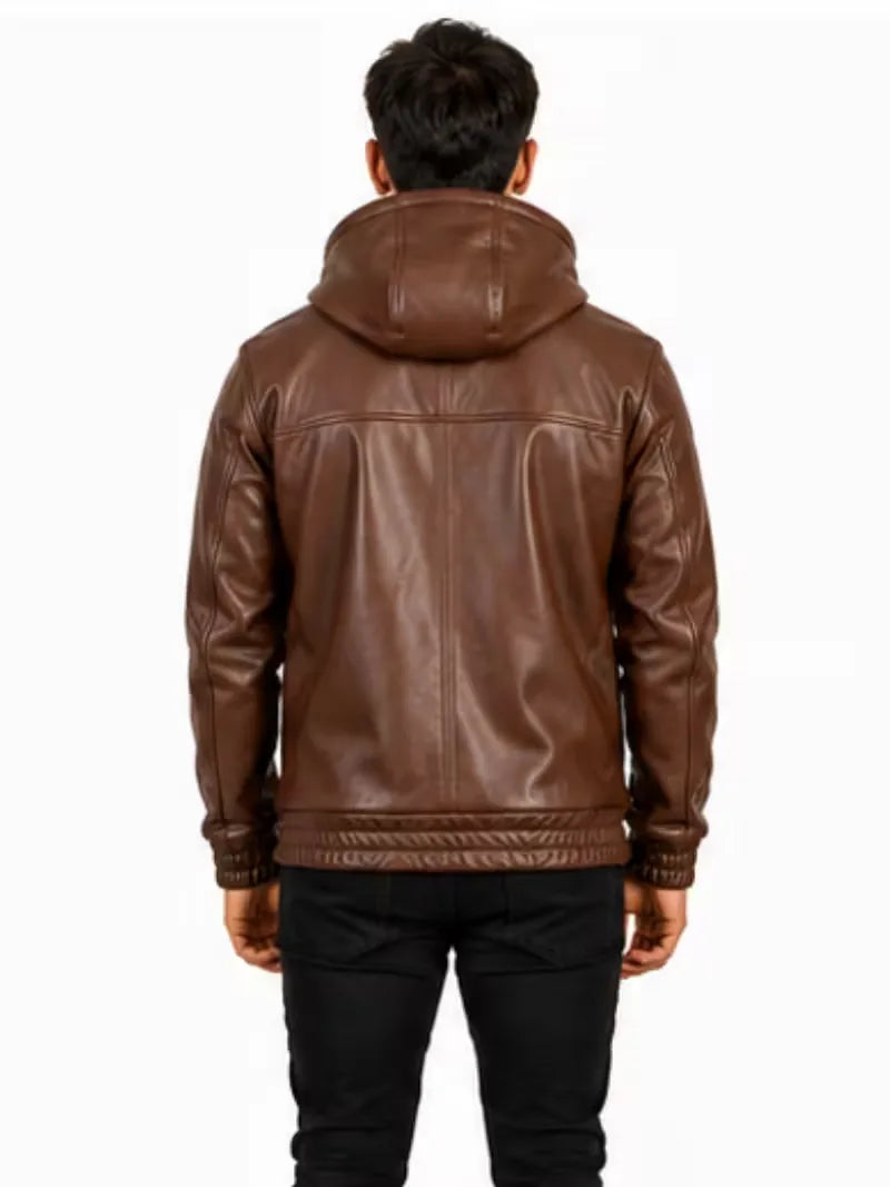 Men's black sheepskin leather hooded jacket, back view