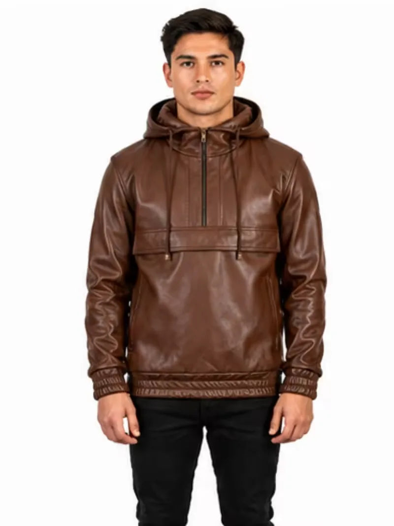 Men's black sheepskin leather hooded jacket, side view
