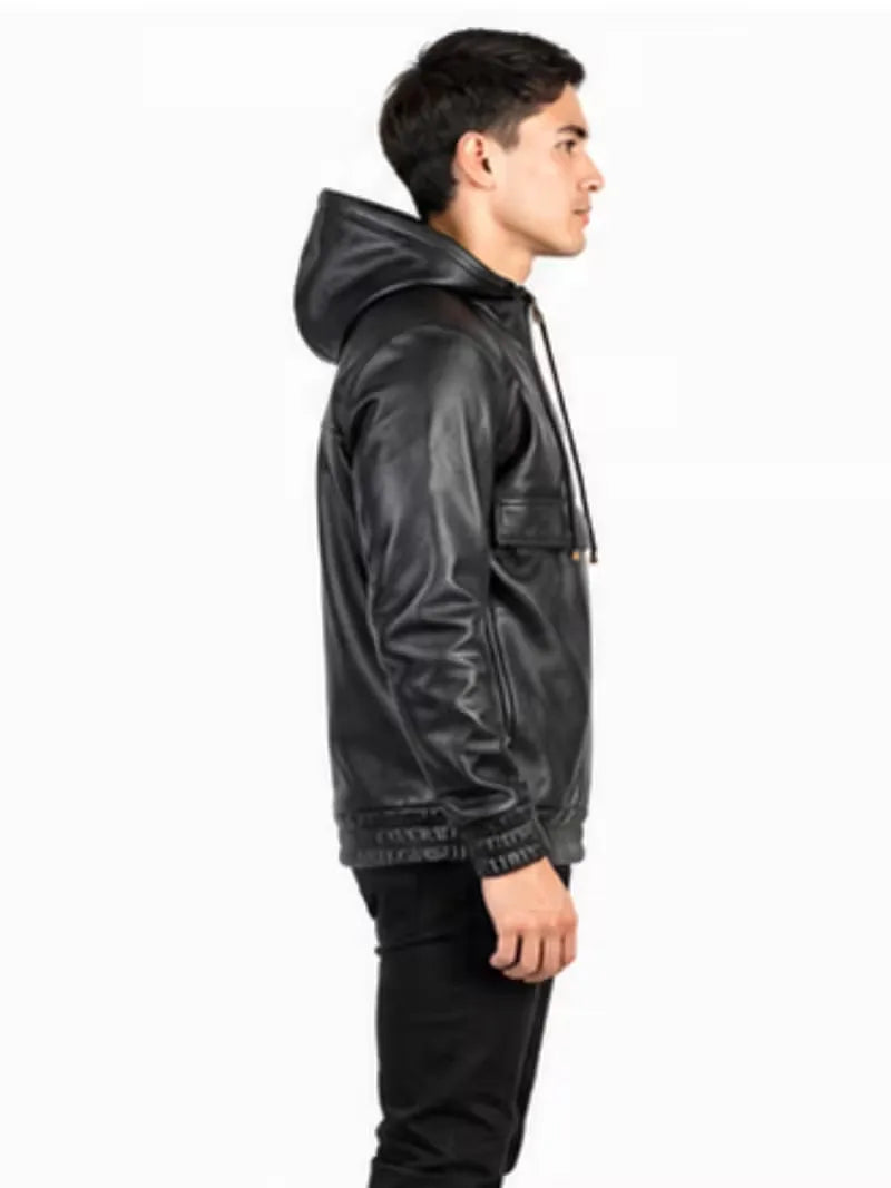 Men's black sheepskin leather hooded jacket, collar detail