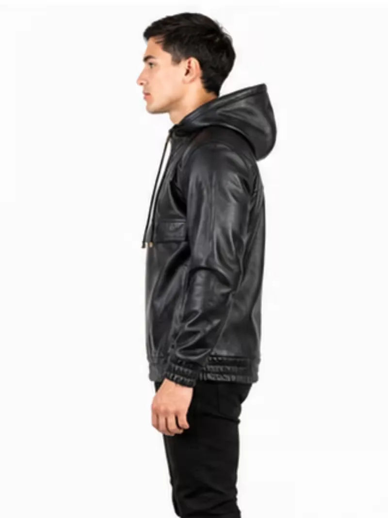 Men's black sheepskin leather hooded jacket, zip and closure detail