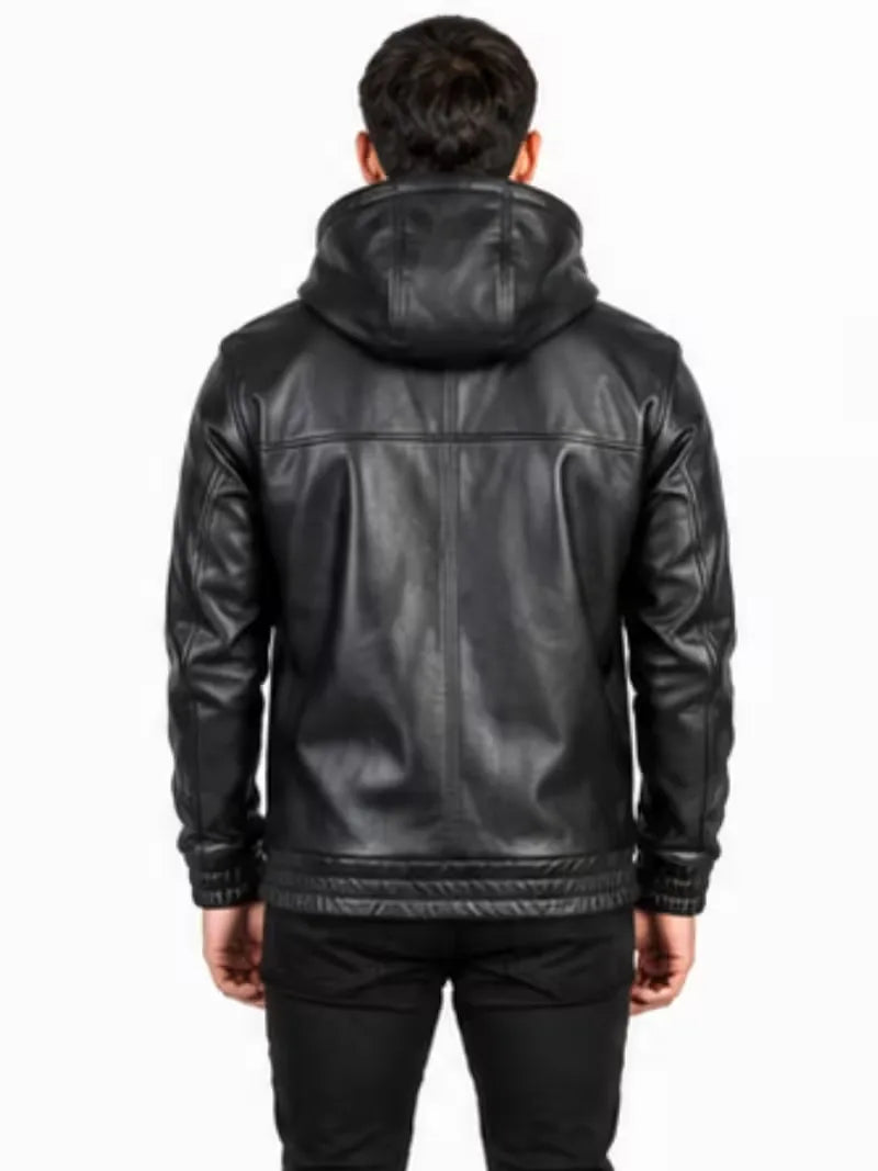 Men's black sheepskin leather hooded jacket, cuff detail