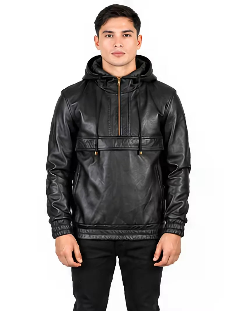Men's black sheepskin leather hooded jacket, pocket detail