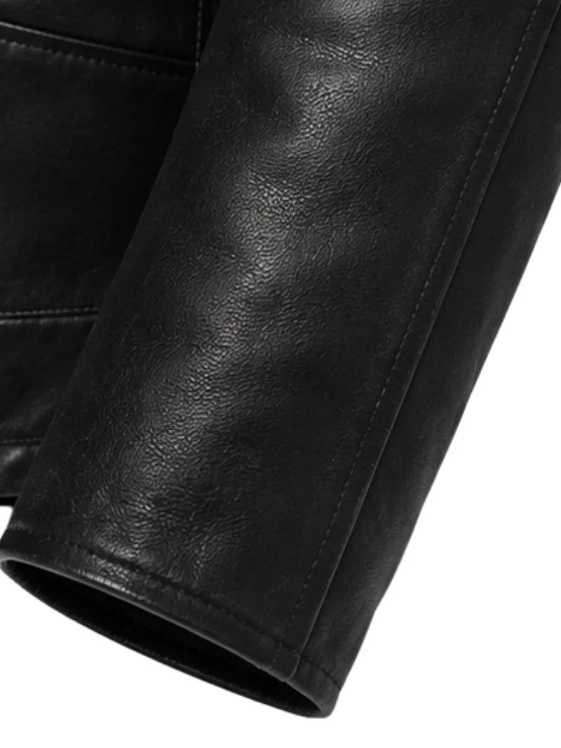 Men's black sheepskin leather hooded jacket, lining detail