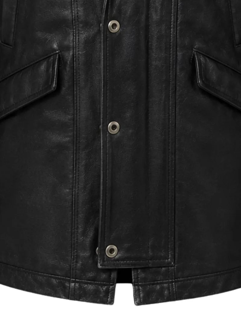 Men's black sheepskin leather hooded jacket, pocket detail