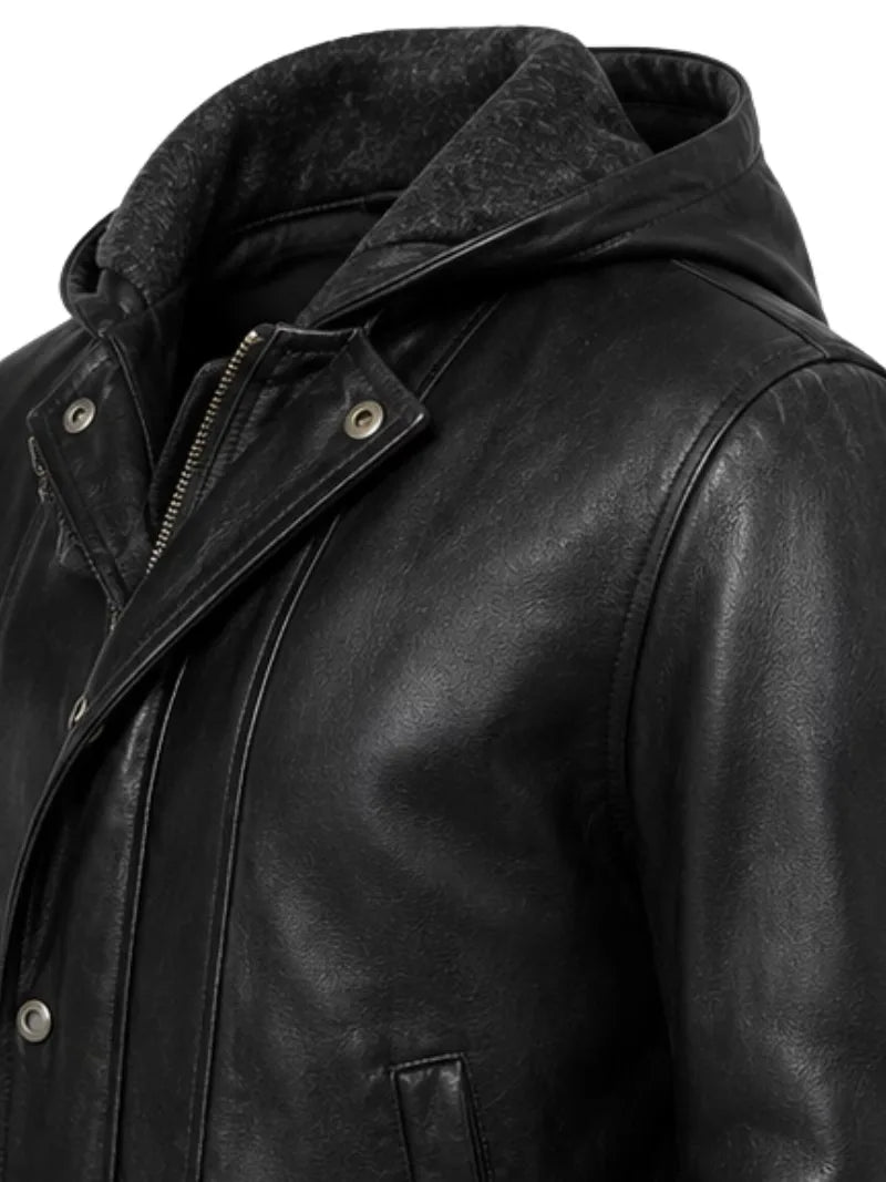 Men's black sheepskin leather hooded jacket, cuff detail