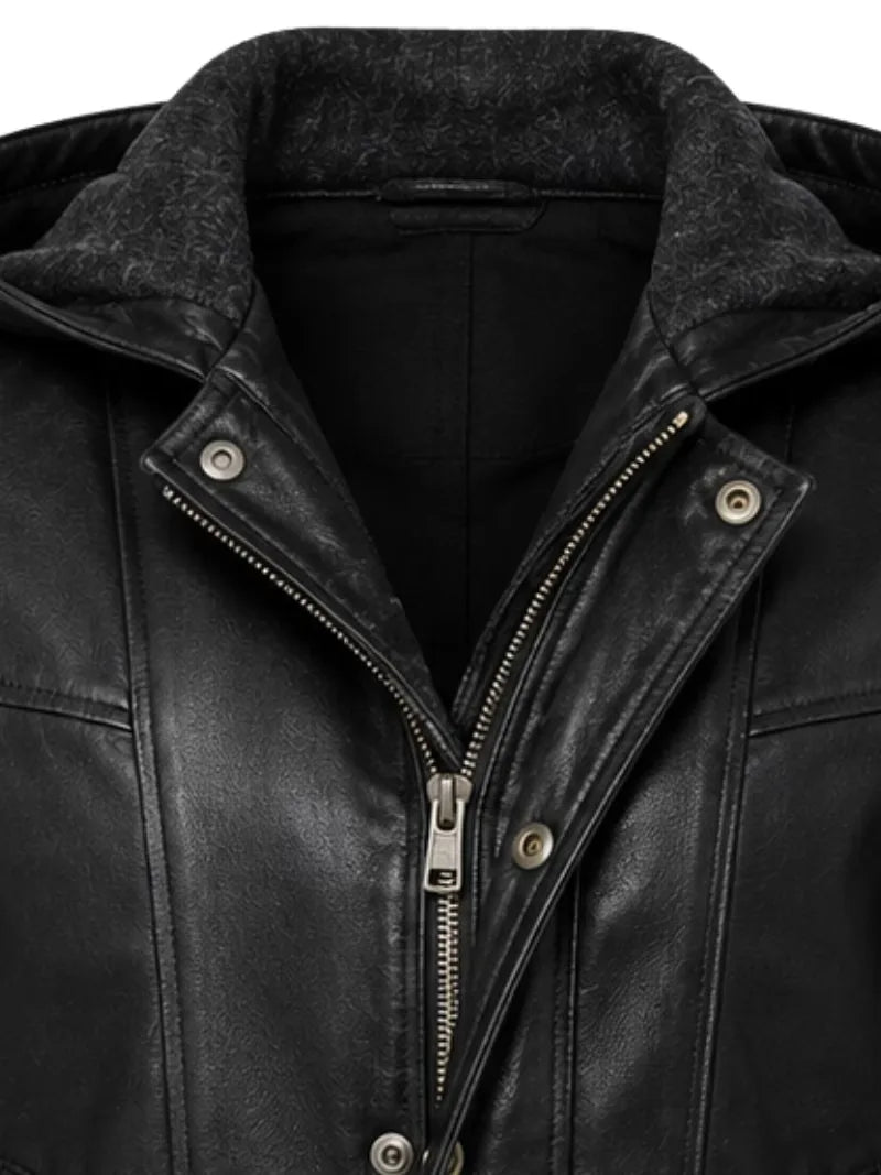 Men's black sheepskin leather hooded jacket, zip and closure detail