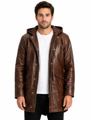 Men's black sheepskin leather hooded jacket, side view