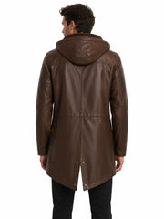 Men's black sheepskin leather hooded jacket, collar detail