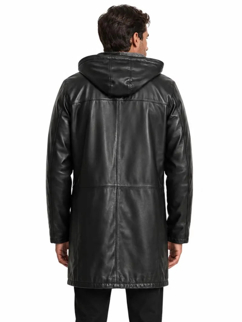 Men's black sheepskin leather hooded jacket, back view