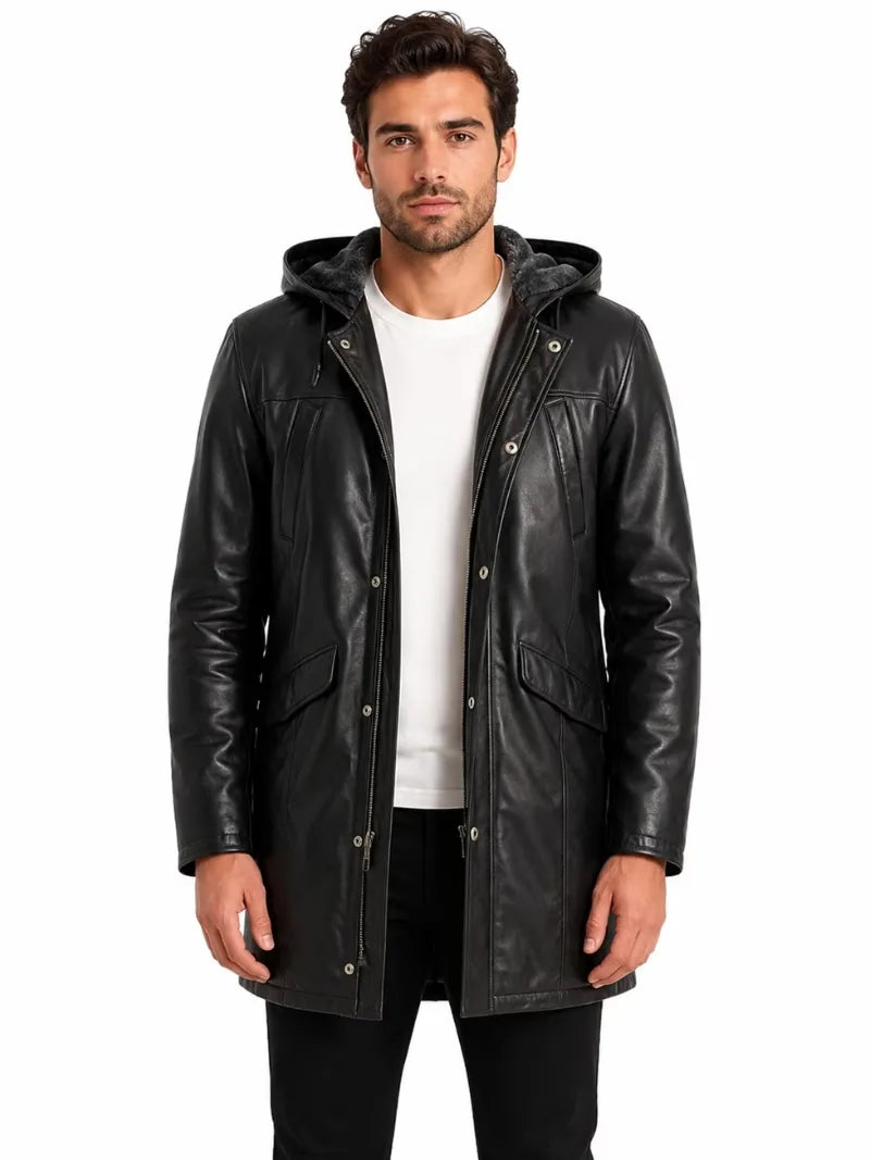 Men's black sheepskin leather hooded jacket, front view