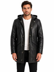 Men's black sheepskin leather hooded jacket, front view