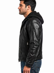 Men's black sheepskin leather hooded jacket, side view