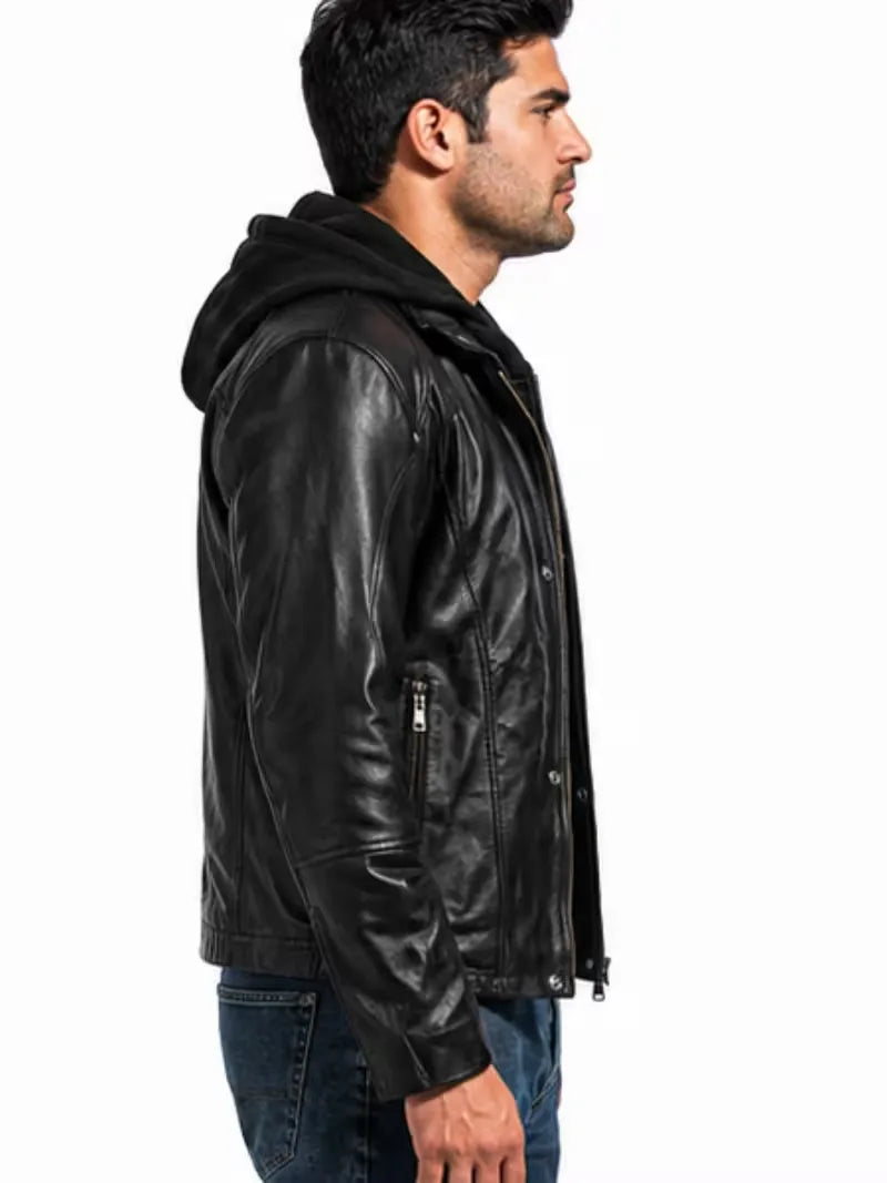 Men's black sheepskin leather hooded jacket, collar detail