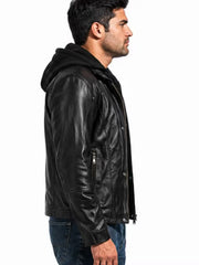 Men's black sheepskin leather hooded jacket, collar detail