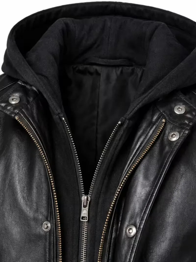 Men's black sheepskin leather hooded jacket, zip and closure detail