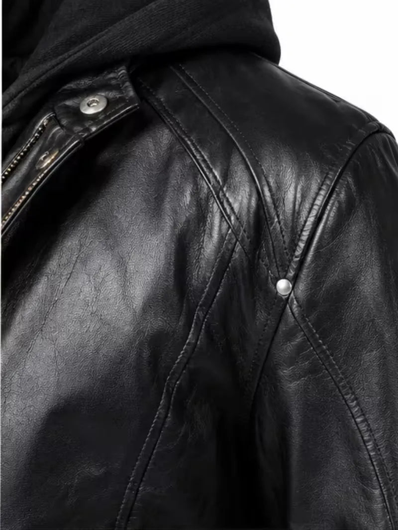 Men's black sheepskin leather hooded jacket, cuff detail