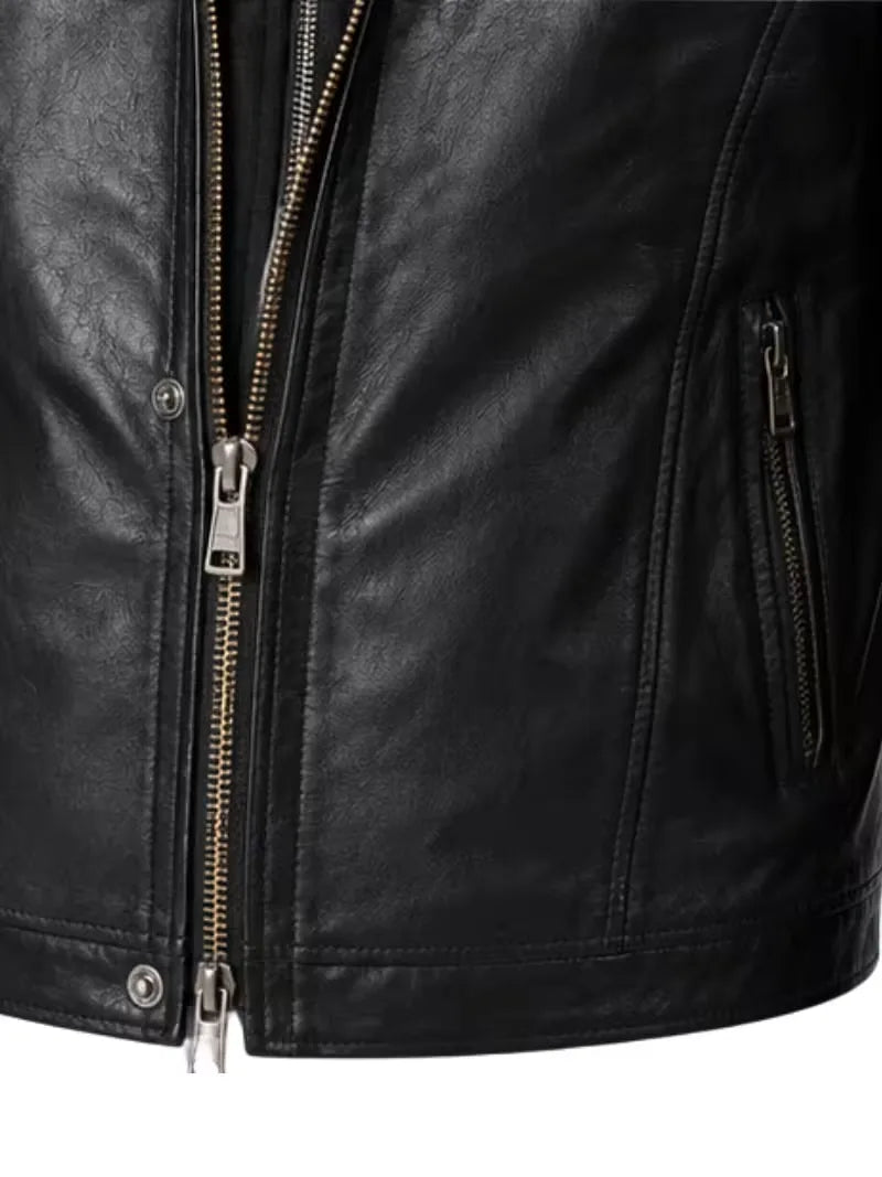 Men's black sheepskin leather hooded jacket, pocket detail