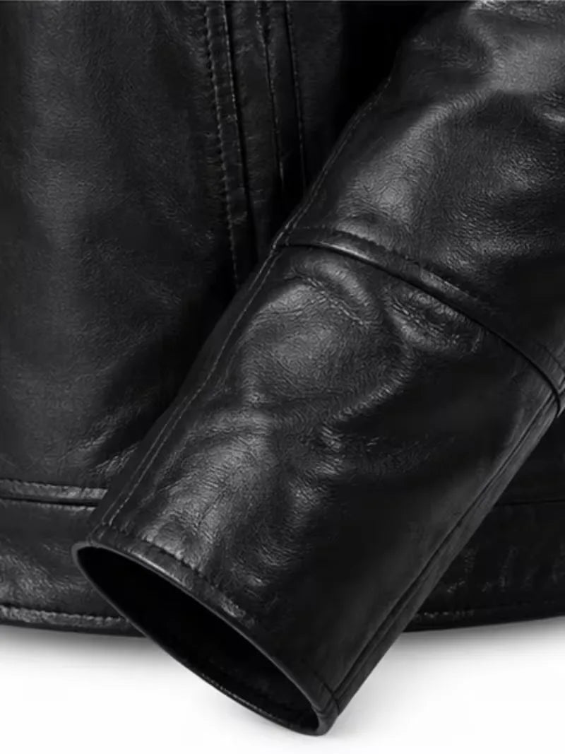 Men's black sheepskin leather hooded jacket, lining detail