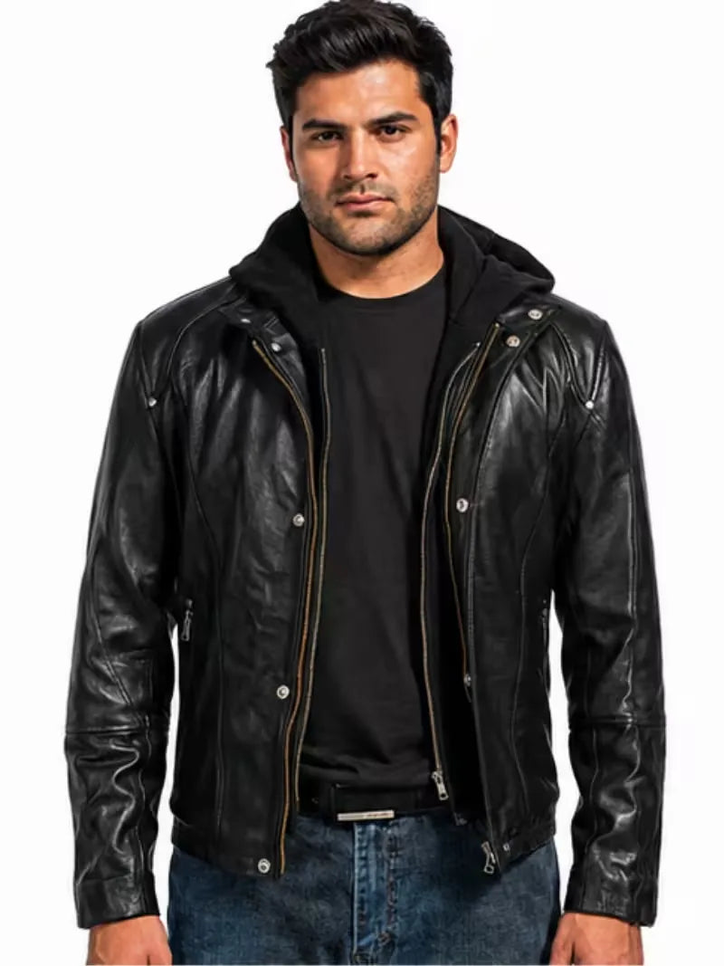 Men's black sheepskin leather hooded jacket, front view