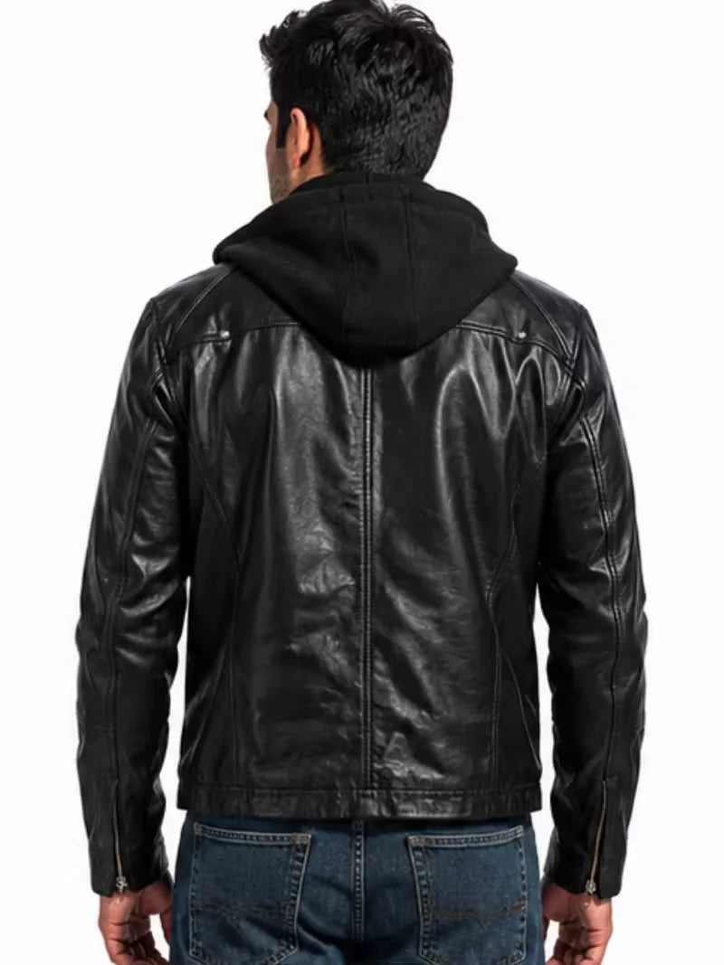 Men's black sheepskin leather hooded jacket, back view