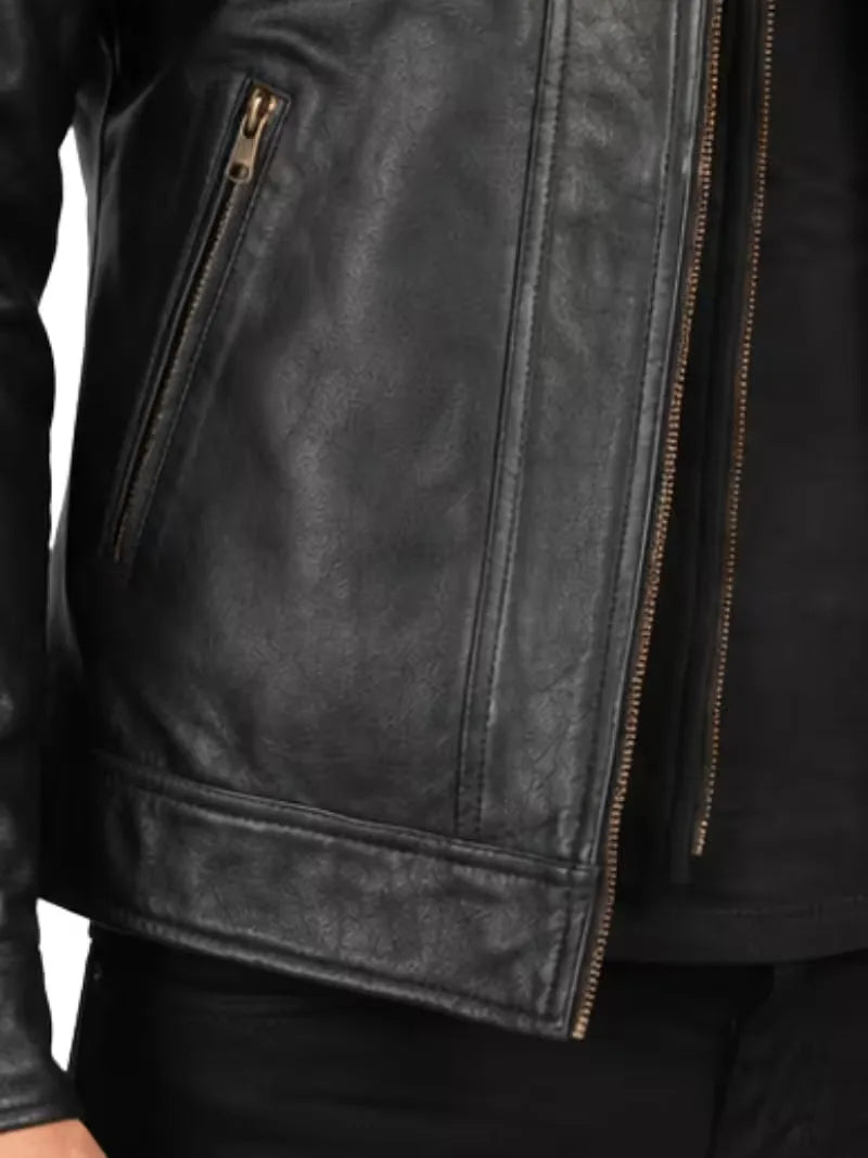 Men's black sheepskin leather hooded jacket, pocket detail