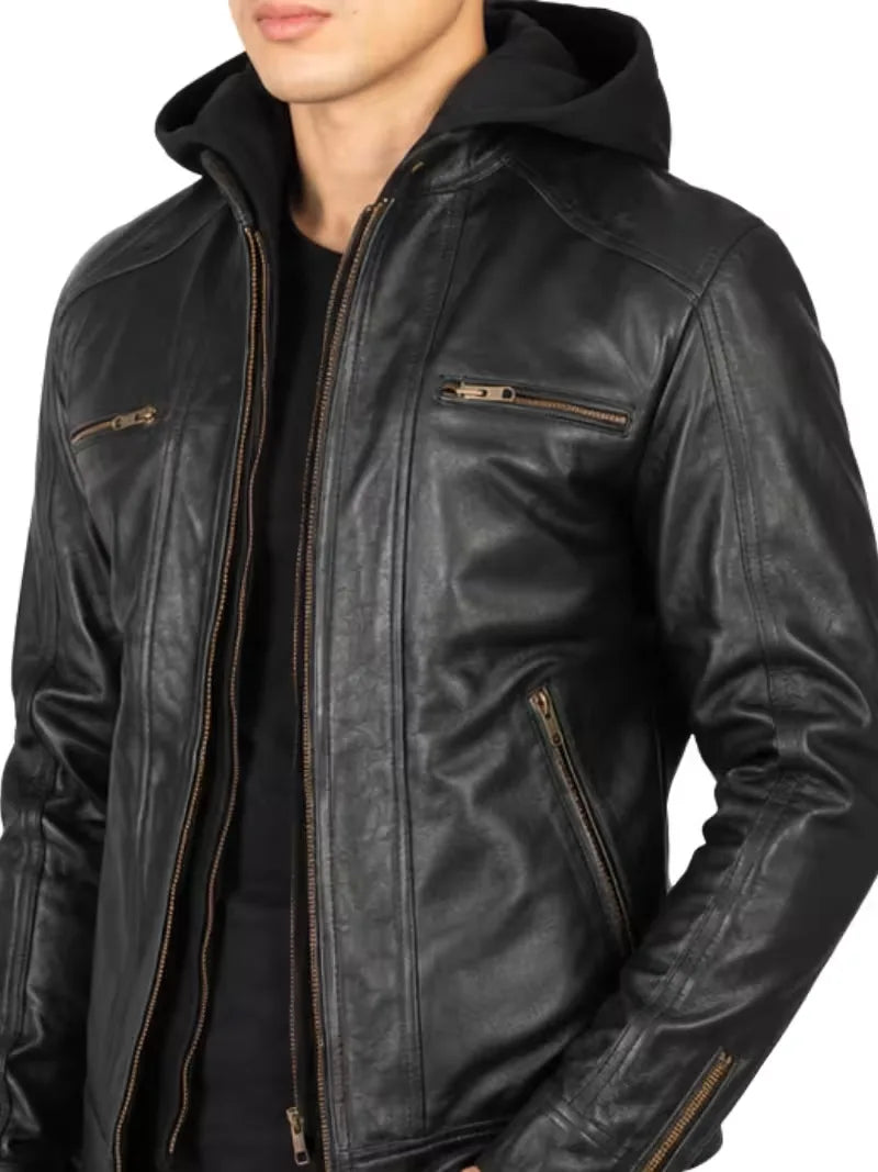 Men's black sheepskin leather hooded jacket, cuff detail
