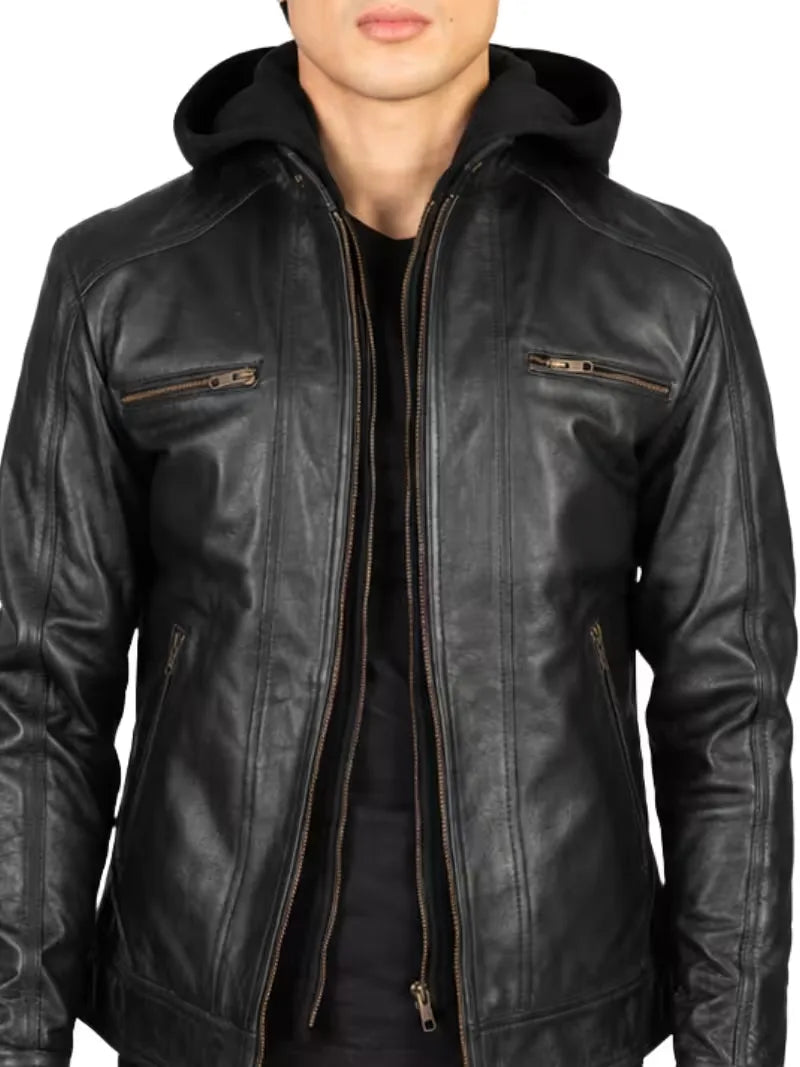 Men's black sheepskin leather hooded jacket, zip and closure detail