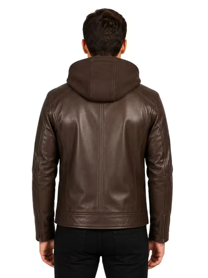 Men's black sheepskin leather hooded jacket, collar detail