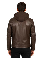 Men's black sheepskin leather hooded jacket, collar detail
