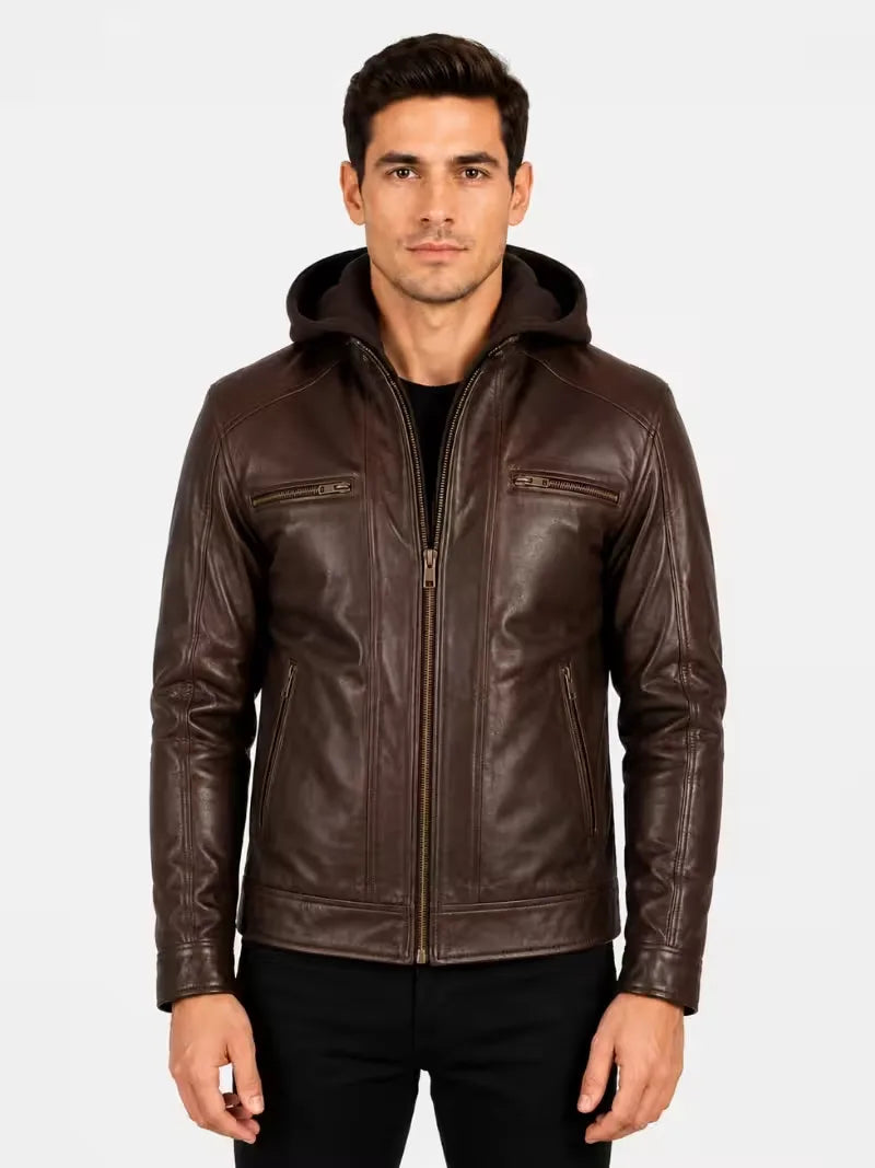 Men's black sheepskin leather hooded jacket, side view