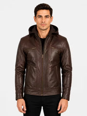 Men's black sheepskin leather hooded jacket, side view