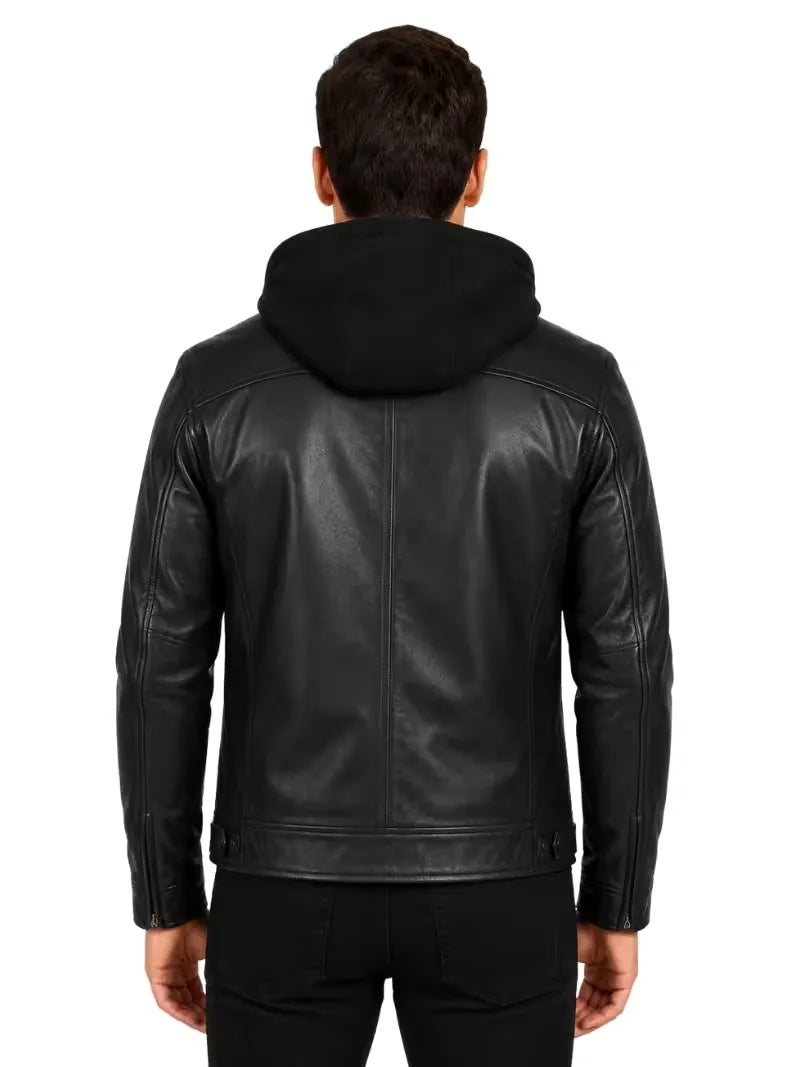 Men's black sheepskin leather hooded jacket, back view