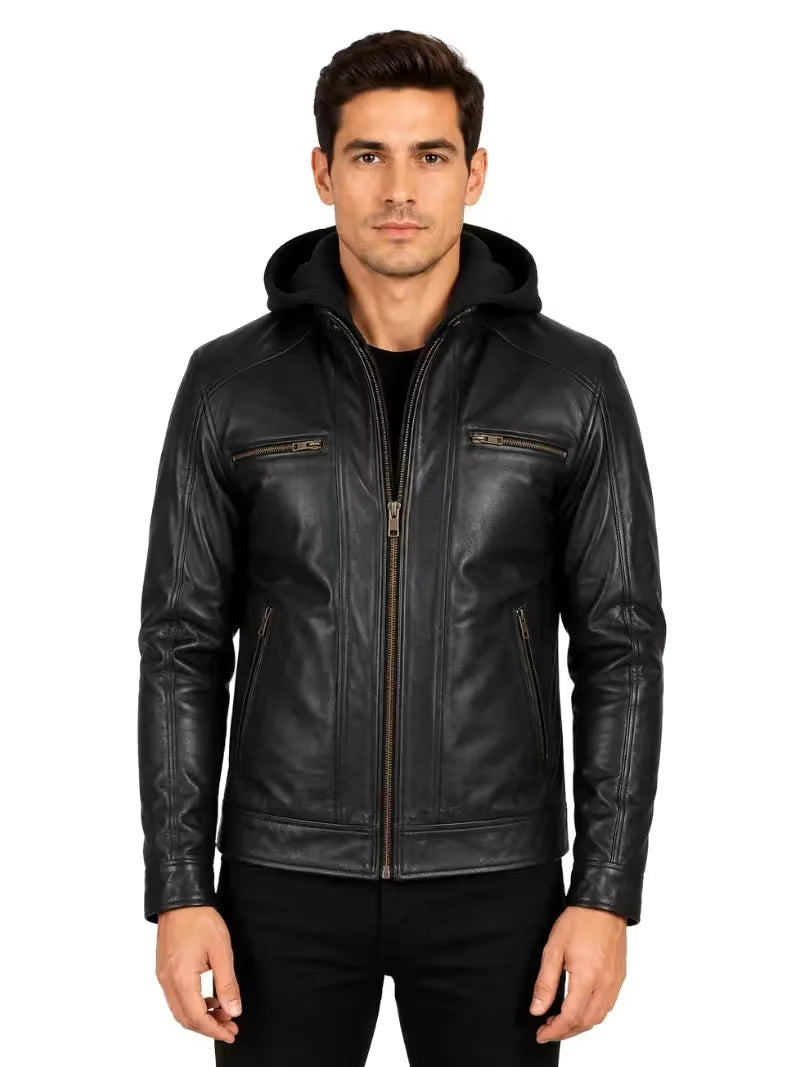 Men's black sheepskin leather hooded jacket, front view