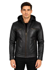Men's black sheepskin leather hooded jacket, front view