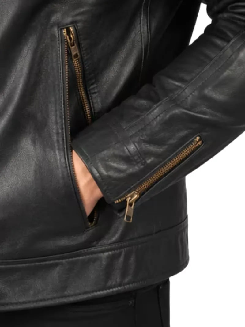 Men's black sheepskin leather hooded jacket, lining detail
