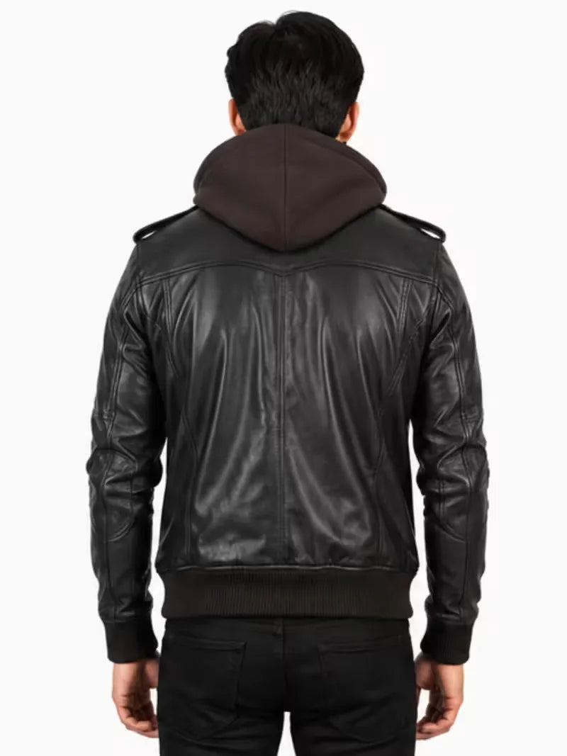 Men's black real leather hooded jacket, lining detail