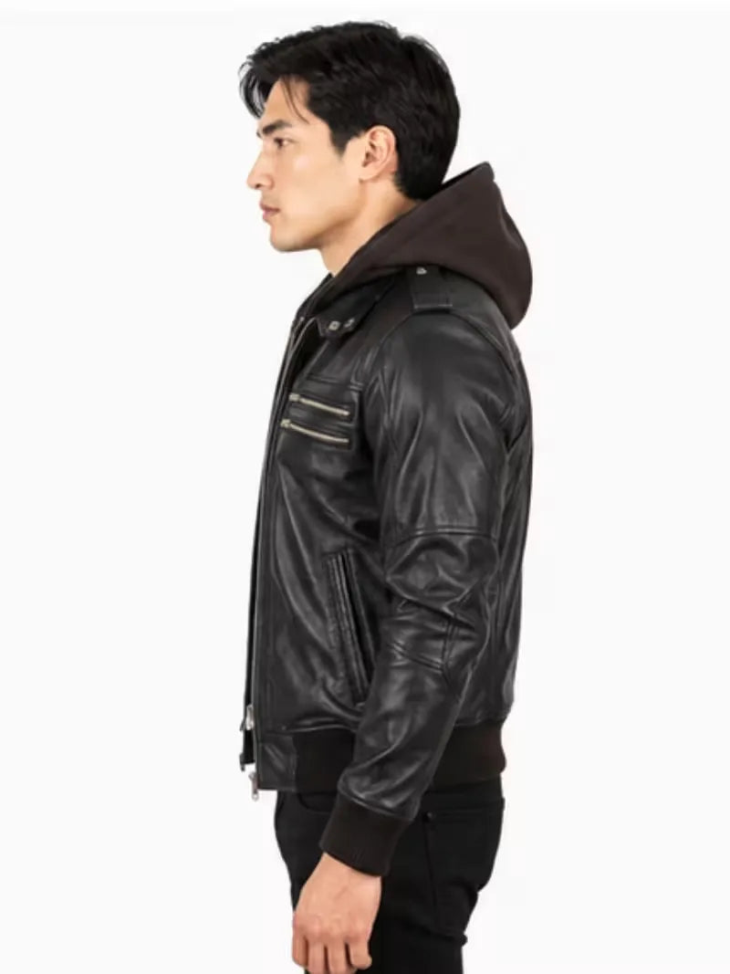 Men's black real leather hooded jacket, pocket detail