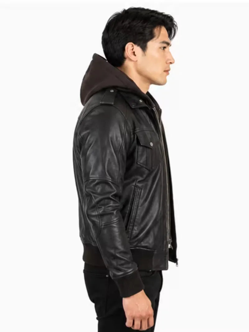 Men's black real leather hooded jacket, cuff detail