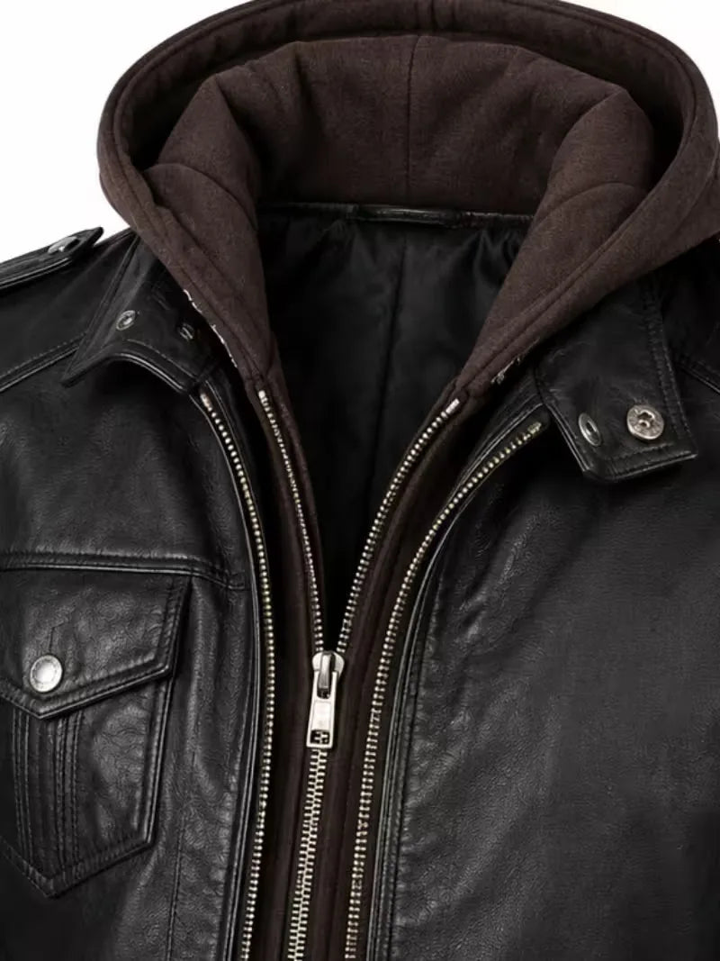 Men's black real leather hooded jacket, side view