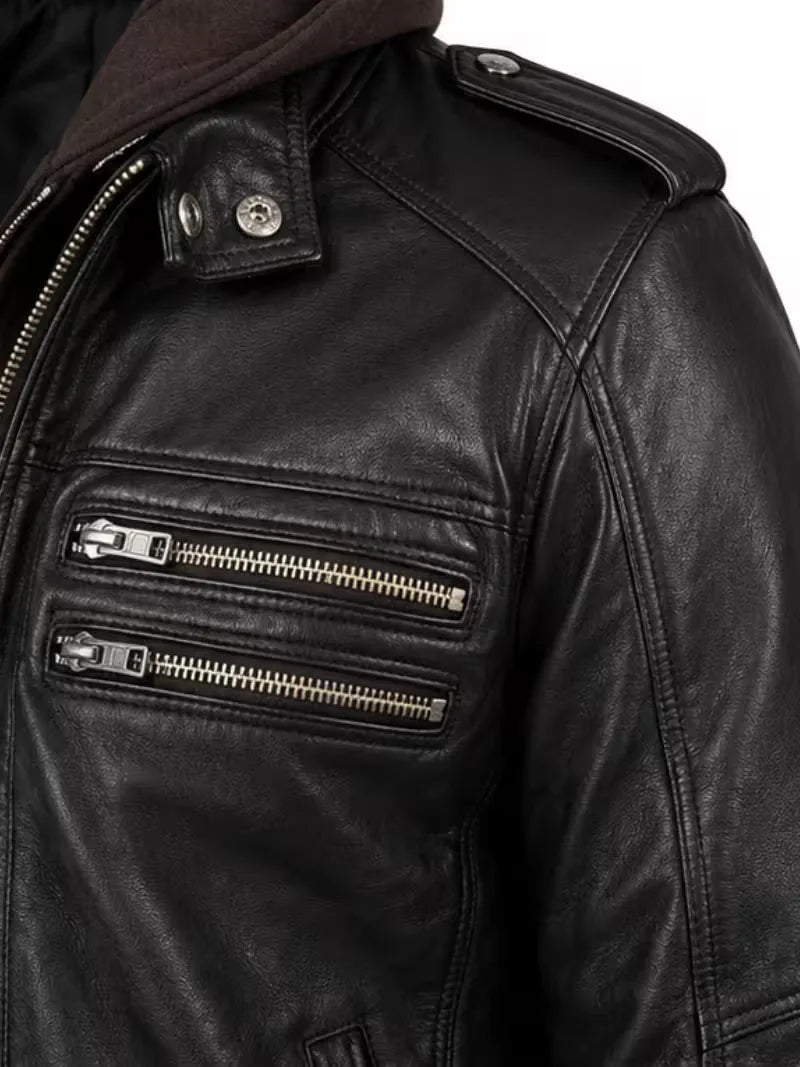 Men's black real leather hooded jacket, collar detail
