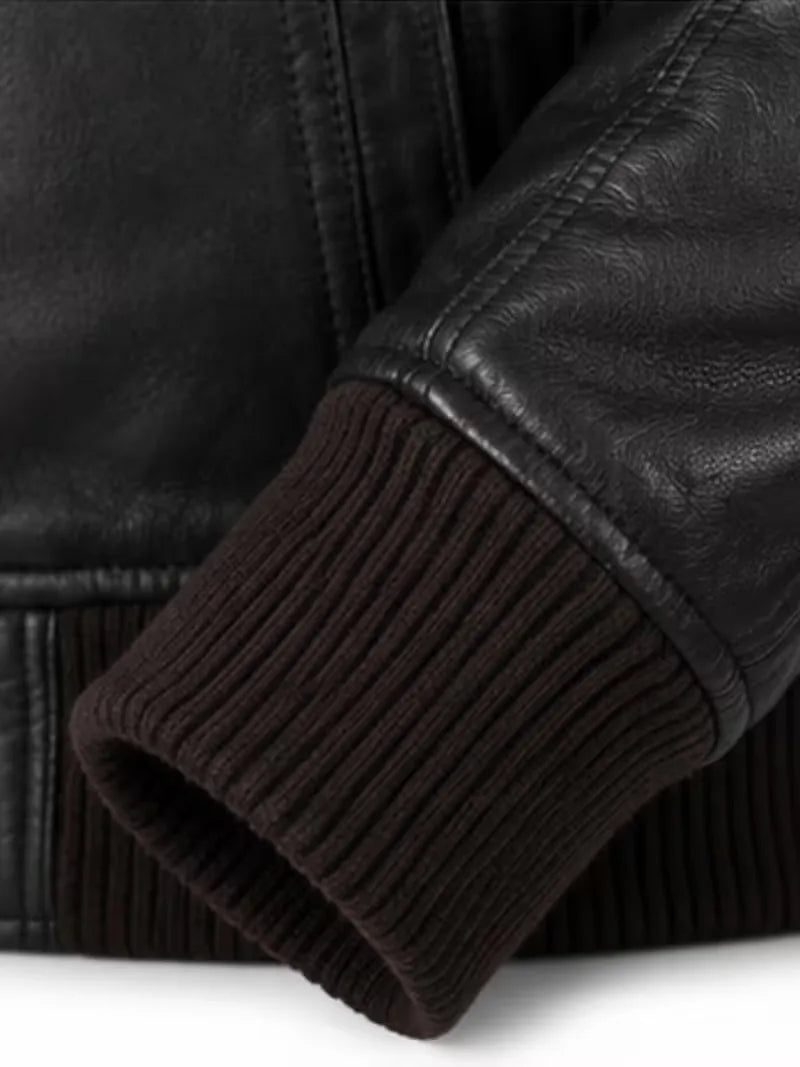 Men's black real leather hooded jacket, cuff detail