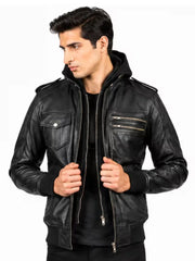 Men's black real leather hooded jacket, front view